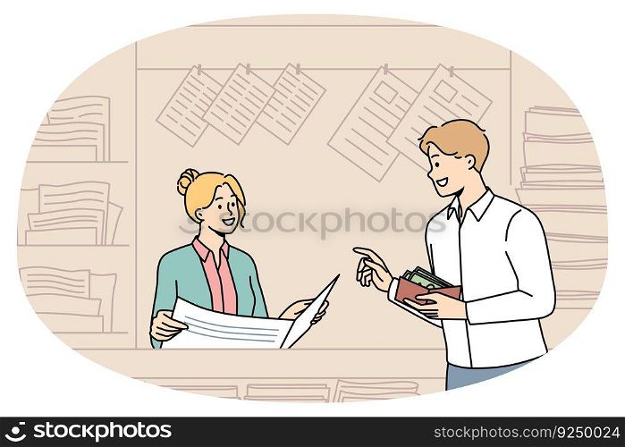 Smiling buy magazine at street newsstand with press. Happy male client purchase newspaper in outdoor kiosk or stall. Print media and entertainment. Flat vector illustration.. Smiling man buy newspaper in outdoor kiosk