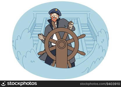 Smiling captain standing at ship wheel during sea storm. Happy skipper at boat helm at ocean waves. Seatime and marine life. Vector illustration.. Smiling captain at ship during storm