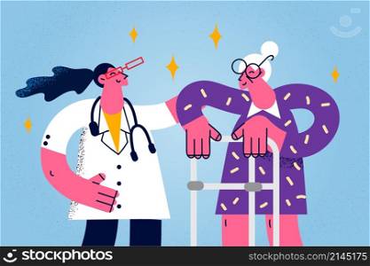 Smiling caring doctor help senior woman patient walk on crutches in rehab center or clinic. Attentive female nurse support assist old grandmother client in hospital. Geriatric. Vector illustration. . Caring doctor help old woman on crutches in clinic