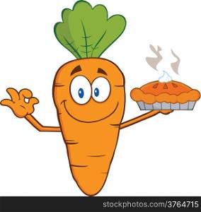 Smiling Carrot Cartoon Character Holding Up A Pie