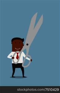 Smiling cartoon african american businessman holding huge open scissors in hands. Business concept