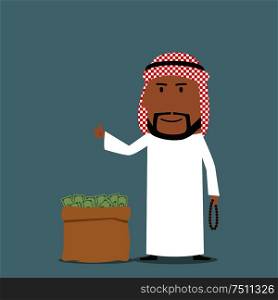 Smiling cartoon arabian businessman with prayer beads in hand standing near full money bag and showing thumb up sign. May be used as finance, business or wealth concept. Arabian businessman with full bag of money