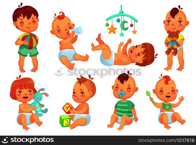 Smiling cartoon baby. Happy cute little kids playing with toys, small infant with pacifier and newborn children. Toddler, newborn adorable sitting and play babies isolated vector icons set. Smiling cartoon baby. Happy cute little kids playing with toys, small infant with pacifier and newborn children isolated vector set