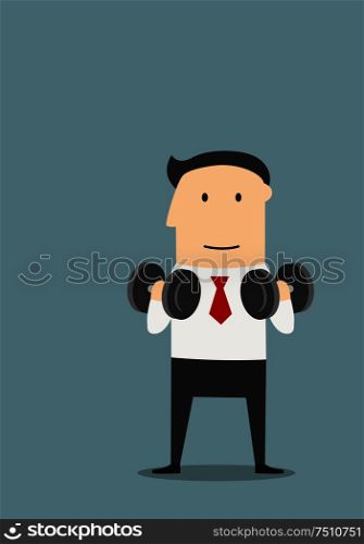 Smiling cartoon businessman doing exercises with dumbbells. Healthy lifestyle or success concept design. Healthy businessman doing exercises with dumbbells