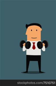 Smiling cartoon businessman doing exercises with dumbbells. Healthy lifestyle or success concept design. Healthy businessman doing exercises with dumbbells