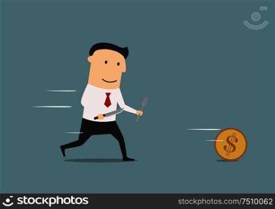 Smiling cartoon businessman pursuing a golden coin with fork and knife. For finance or wealth themes design. Cartoon businessman pursuing a golden coin