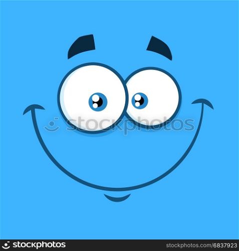Smiling Cartoon Funny Face With Happy Expression. Illustration With Blue Background