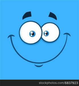 Smiling Cartoon Funny Face With Happy Expression. Illustration With Blue Background