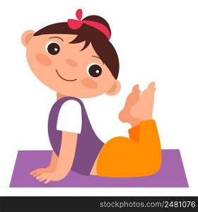 Smiling cartoon girl in yoga pose. Kid body stretching isolated on white background. Smiling cartoon girl in yoga pose. Kid body stretching