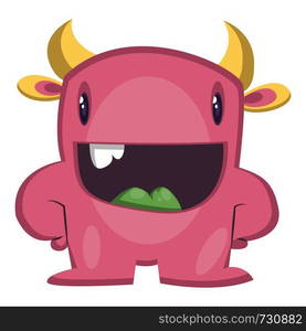 Smiling cartoon monster pink with yellow horns white background vector illustration.