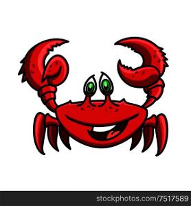 Smiling cartoon ocean red crab is running with raised claws. Childish stylized marine crustacean animal character for wildlife theme or book hero design. Smiling cartoon ocean red crab character