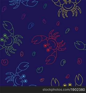 Smiling cartoon outline crab with big claws seamless pattern vector illustration.
