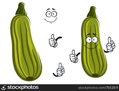 Smiling cartoon zucchini vegetable character with striped pale green peel giving thumb up. Isolated on white background. Cartoon zucchini vegetable with thumb up