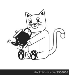 Smiling cat holding teapot monochromatic flat vector character. Pouring drink. Editable thin line full body animal on white. Simple bw cartoon spot image for web graphic design. Smiling cat holding teapot monochromatic flat vector character