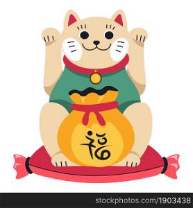 Smiling cat with waving paw, isolated mascot or talisman symbolizing happiness. Kitten sitting on cushion, small figurine or statue. Feline animal bringing success. Vector in flat style illustration. Chinese or Japanese cat with bag of money luck
