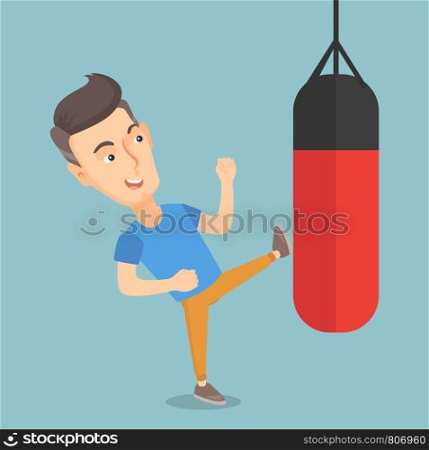 Smiling caucasian boxer man exercising with a boxing bag. Kickbox fighter hitting a heavy bag during training. Male boxer training with a punch bag. Vector flat design illustration. Square layout.. Man exercising with a punching bag.
