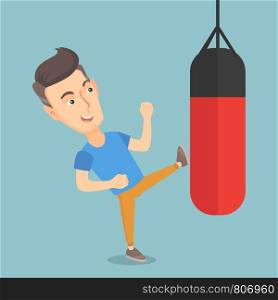 Smiling caucasian boxer man exercising with a boxing bag. Kickbox fighter hitting a heavy bag during training. Male boxer training with a punch bag. Vector flat design illustration. Square layout.. Man exercising with a punching bag.