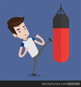 Smiling caucasian boxer man exercising with boxing bag. Kickbox fighter hitting heavy bag during training. Male boxer training with the punch bag. Vector flat design illustration. Square layout.. Man exercising with punching bag.
