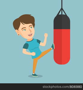 Smiling caucasian boxer woman exercising with a boxing bag. Kickbox fighter hitting a heavy bag during training. Young boxer training with a punch bag. Vector cartoon illustration. Square layout.. Young caucasian woman exercising with punching bag