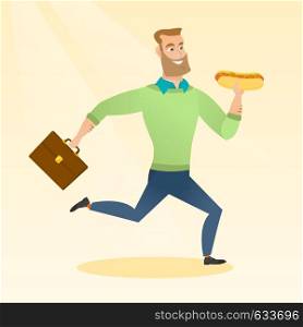 Smiling caucasian business man eating hot dog in a hurry. Business man eating on the run. Young business man running with briefcase and eating hot dog. Vector flat design illustration. Square layout.. Business man eating hot dog vector illustration.