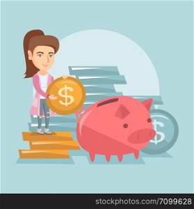 Smiling caucasian business manager putting a coin in a big pink piggy bank. Young business manager saving her money in a piggy bank. Concept of saving money. Vector cartoon illustration. Square layout. Caucasian manager putting a coin in a piggy bank.