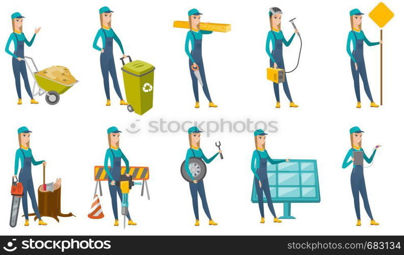 Smiling caucasian carpenter holding saw and wooden board. Full length of young female carpenter with hand saw and wooden board. Set of vector flat design illustrations isolated on white background.. Vector set of builder characters.