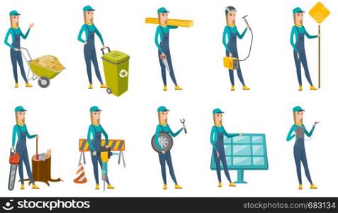 Smiling caucasian carpenter holding saw and wooden board. Full length of young female carpenter with hand saw and wooden board. Set of vector flat design illustrations isolated on white background.. Vector set of builder characters.