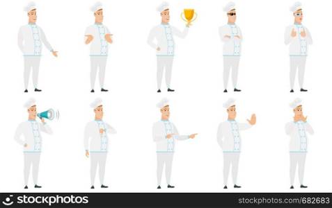 Smiling caucasian chef cook with his hand in his pocket. Full length of young chef cook holding his hand in the pocket of pants. Set of vector flat design illustrations isolated on white background.. Vector set of illustrations with chef characters.