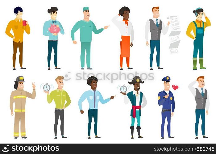 Smiling caucasian employee showing document with business presentation. Full length of young employee giving business presentation. Set of vector flat design illustrations isolated on white background. Vector set of professions characters.