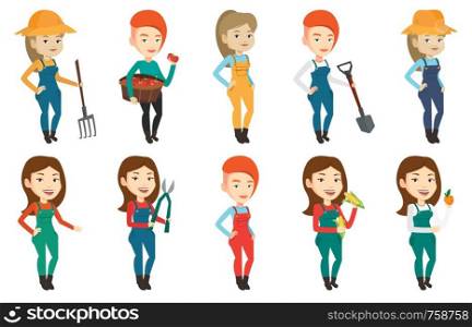 Smiling caucasian farmer collecting corn. Happy female farmer holding a corn cob. Cheerful farmer standing a corn cob in hands. Set of vector flat design illustrations isolated on white background.. Set of agricultural illustrations with farmers.