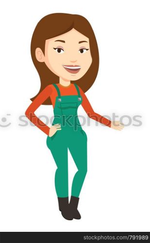 Smiling caucasian female farmer in overalls pointing to something by hand. Illustration of full lenght of young satisfied female farmer. Vector flat design illustration isolated on white background.. Smiling caucasian farmer vector illustration.