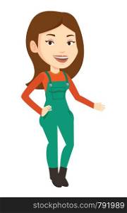 Smiling caucasian female farmer in overalls pointing to something by hand. Illustration of full lenght of young satisfied female farmer. Vector flat design illustration isolated on white background.. Smiling caucasian farmer vector illustration.