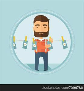 Smiling caucasian hipster businessman with the beard drying dollar bills on clothesline. Concept of illicit money laundering. Vector flat design illustration in the circle isolated on background.. Businessman laundering money vector illustration.