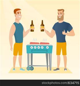 Smiling caucasian male friends having a barbecue party. Friends preparing barbecue and drinking beer. Group of friends having fun at a barbecue party. Vector flat design illustration. Square layout.. Caucasian friends having fun at a barbecue party.