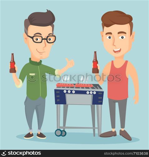 Smiling caucasian male friends having a barbecue party. Friends preparing barbecue and drinking beer. Group of friends having fun at a barbecue party. Vector flat design illustration. Square layout.. Caucasian friends having fun at barbecue party.