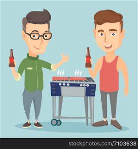 Smiling caucasian male friends having a barbecue party. Friends preparing barbecue and drinking beer. Group of friends having fun at a barbecue party. Vector flat design illustration. Square layout.. Caucasian friends having fun at barbecue party.