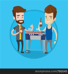 Smiling caucasian male friends preparing barbecue and drinking beer. Group of happy friends having fun at a barbecue party. Vector flat design illustration in the circle isolated on background.. Caucasian friends having fun at barbecue party.