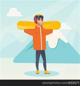 Smiling caucasian man carrying skis on his shoulders. Hipster sportsman holdong skis on the background of snow capped mountain. Young sportsman skiing. Vector flat design illustration. Square layout.. Young caucasian sportsman holding skis.