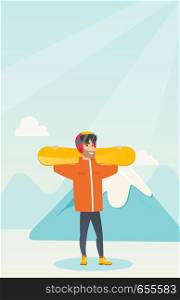 Smiling caucasian man carrying skis on his shoulders. Hipster sportsman holdong skis on the background of snow capped mountain. Young sportsman skiing. Vector flat design illustration. Vertical layout. Young caucasian sportsman holding skis.
