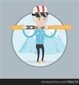 Smiling caucasian man carrying skis. Sportsman standing with skis on his shoulders on the background of mountain. Young man skiing. Vector flat design illustration in the circle isolated on background. Man holding skis vector illustration.