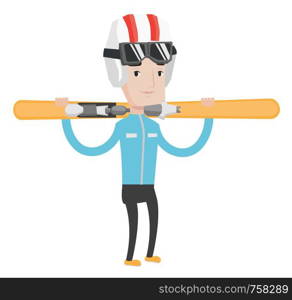 Smiling caucasian man carrying skis. Sportsman standing with skis on his shoulders. Young sportsman skiing. Skier resting in ski resort. Vector flat design illustration isolated on white background.. Sportsman holding skis vector illustration.