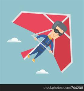 Smiling caucasian man flying on hang-glider. Sportsman taking part in hang gliding competitions. Man having fun while gliding on deltaplane in the sky. Vector flat design illustration. Square layout.. Man flying on hang-glider vector illustration.