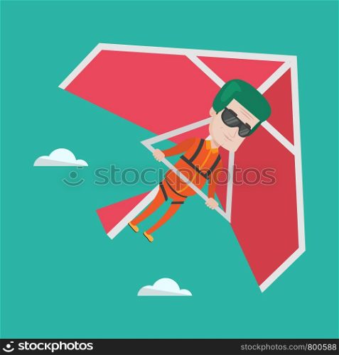 Smiling caucasian man flying on hang-glider. Sportsman taking part in hang gliding competitions. Man having fun while gliding on delta-plane in the sky. Vector flat design illustration. Square layout.. Man flying on hang-glider vector illustration.