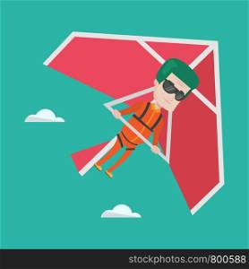 Smiling caucasian man flying on hang-glider. Sportsman taking part in hang gliding competitions. Man having fun while gliding on delta-plane in the sky. Vector flat design illustration. Square layout.. Man flying on hang-glider vector illustration.