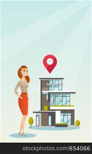 Smiling caucasian real estate agent standing on the background of map pointer above the house. Young cheerful real estate agent offering the house. Vector flat design illustration. Vertical layout.. Realtor on background of house with map pointer.