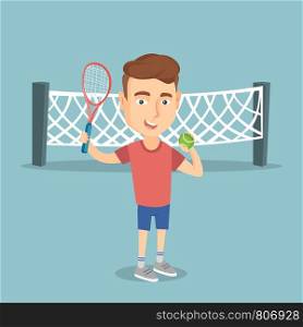 Smiling caucasian sportsman standing on the background of tennis net. Young tennis player holding a racket and a ball. Cheerful man playing tennis. Vector flat design illustration. Square layout.. Caucasian tennis player vector illustration.