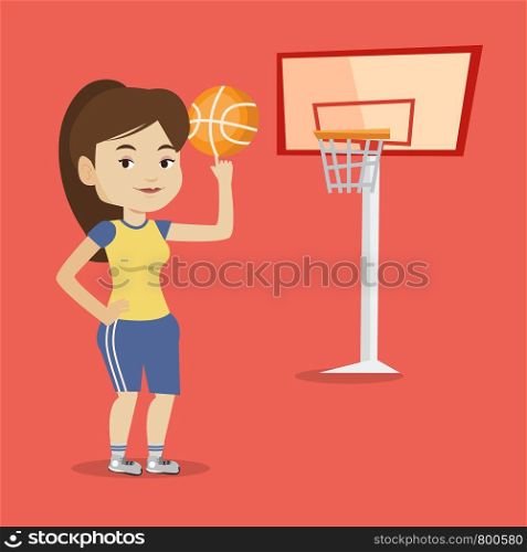 Smiling caucasian sportswoman spinning basketball ball on her finger. Young basketball player standing on the court. Basketball player in action. Vector flat design illustration. Square layout.. Young basketball player spinning ball.