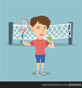 Smiling caucasian sportswoman standing on the background of tennis net. Young tennis player holding a racket and a ball. Cheerful woman playing tennis. Vector cartoon illustration. Square layout.. Caucasian tennis player holding racket and ball.