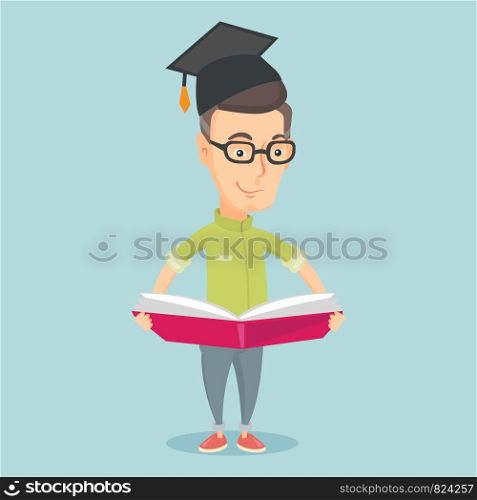 Smiling caucasian student in graduation cap reading a book. Graduate standing with a big open book in hands. Man holding a book. Concept of education. Vector flat design illustration. Square layout.. Graduate with book in hands vector illustration.