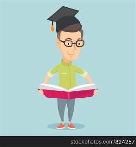 Smiling caucasian student in graduation cap reading a book. Graduate standing with a big open book in hands. Man holding a book. Concept of education. Vector flat design illustration. Square layout.. Graduate with book in hands vector illustration.